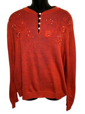 Adrian Delafield Women’s Orange Sweater Size PXL Embroidered Pearl Accents